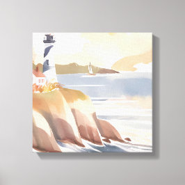 Fyr på stranden | Akvarell hav Canvastryck