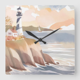 Fyr på stranden | Akvarell hav Fyrkantig Klocka