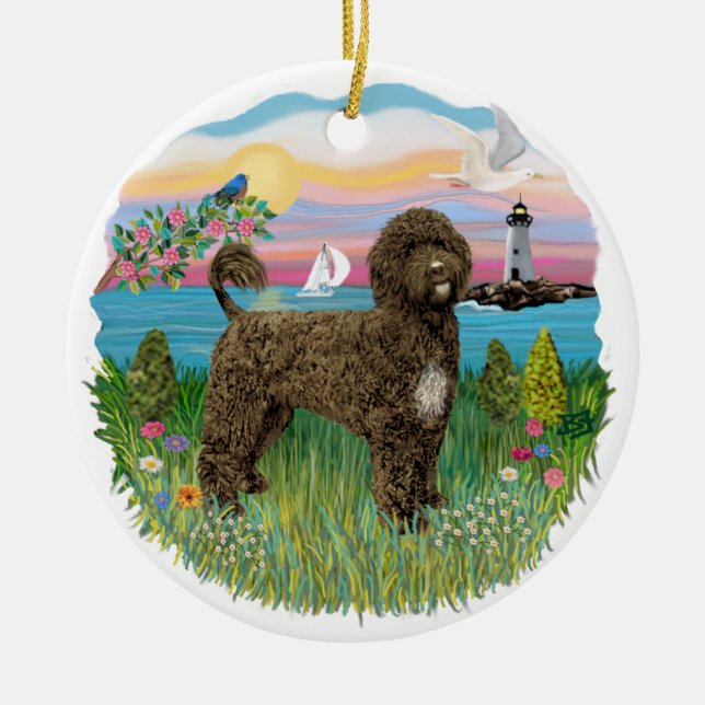 Fyr - Portugisisk Vattenhund #2 brun Julgransprydnad Keramik (Framsidan)