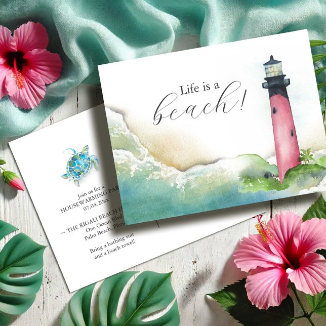 Fyr Postkort Husvärmningsfest Inbjudan (Housewarming party invitations watercolor Jupiter Florida lighthouse postcards Victoria Grigaliuans)
