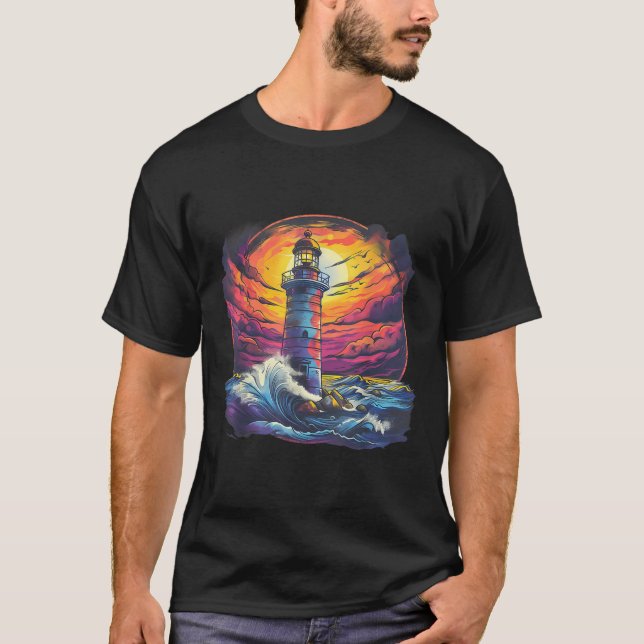 Fyr Segling Hav Strand Båttur Strand Hus T Shirt (Framsida)