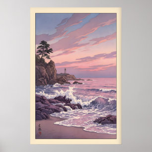 Fyr Solnedgångstryck Dämpad Blå och Rosa Poster