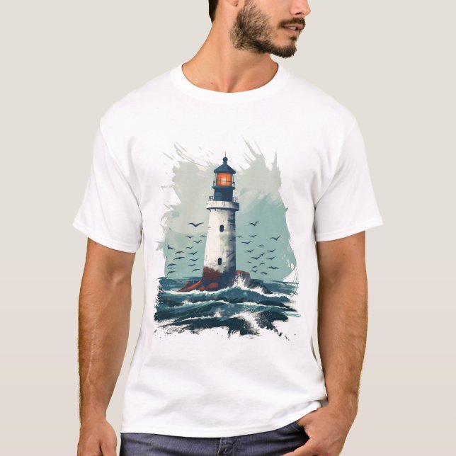 Fyr som lyser över vågor - minimalistisk konst t shirt (Framsida)