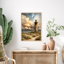 Fyr Strand Kust Aquarell Målning
