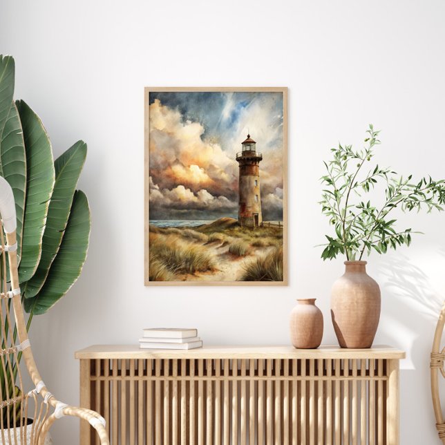 Fyr Strand Kust Aquarell Målning Poster (Lighthouse and stormy skies 16"x20" poster)
