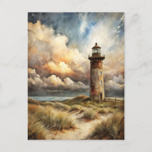Fyr Strand Kust Aquarell Målning Vykort