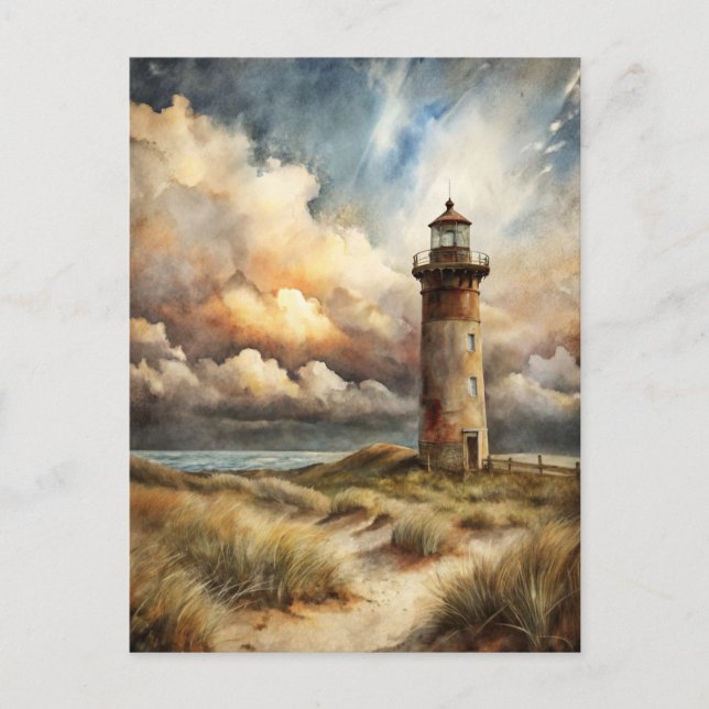 Fyr Strand Kust Aquarell Målning Vykort (Framsida)