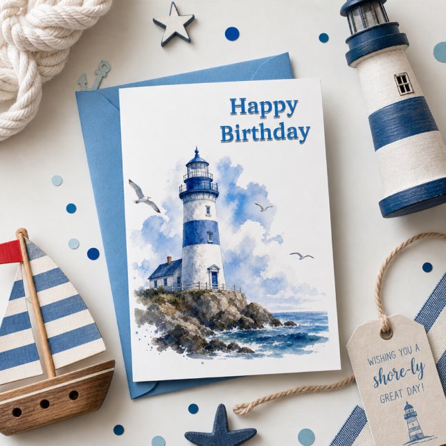 Fyr vattenfärg nautisk födelsedag  kort (This mockup is a digital representation created using generative AI tools to showcase the design)