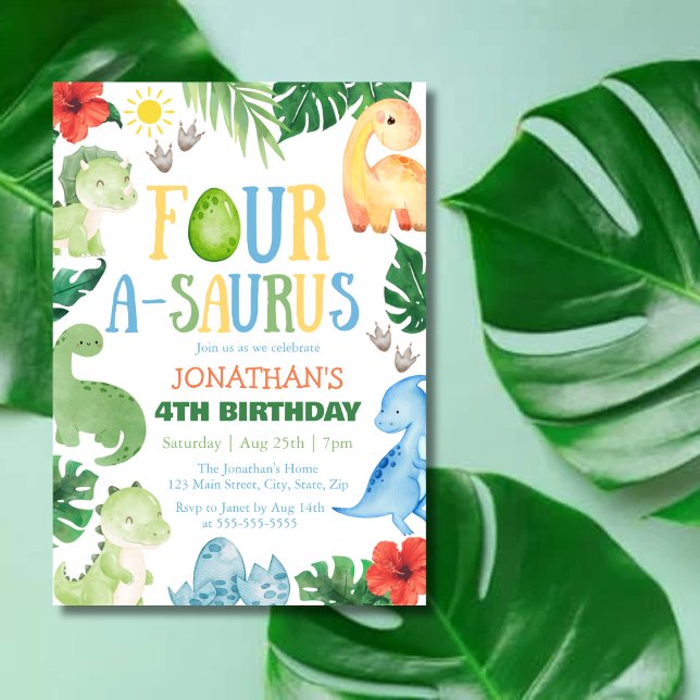 Fyra A-Saurus Dino 4-årsdag Inbjudningar (Skapare uppladdad)