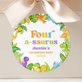 Fyra A-Saurus Dinosaur 4:e fjärde Födelsedagsfeste Runt Klistermärke