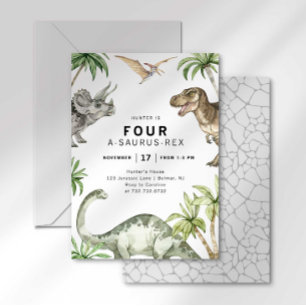 Fyra A-Saurus-Rex Dinosaurie Födelsedagsinbjudan Inbjudningar