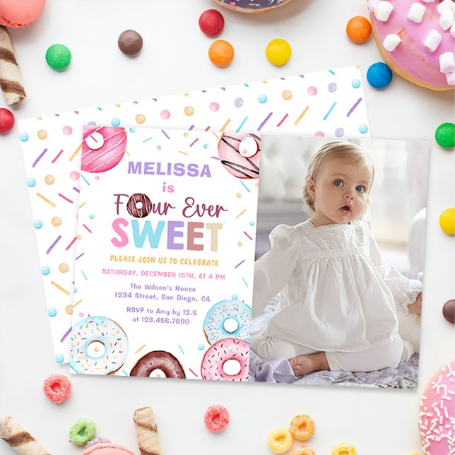 Fyra aldrig söta Donut 4e födelsedagen Party-foto Inbjudningar (Skapare uppladdad)