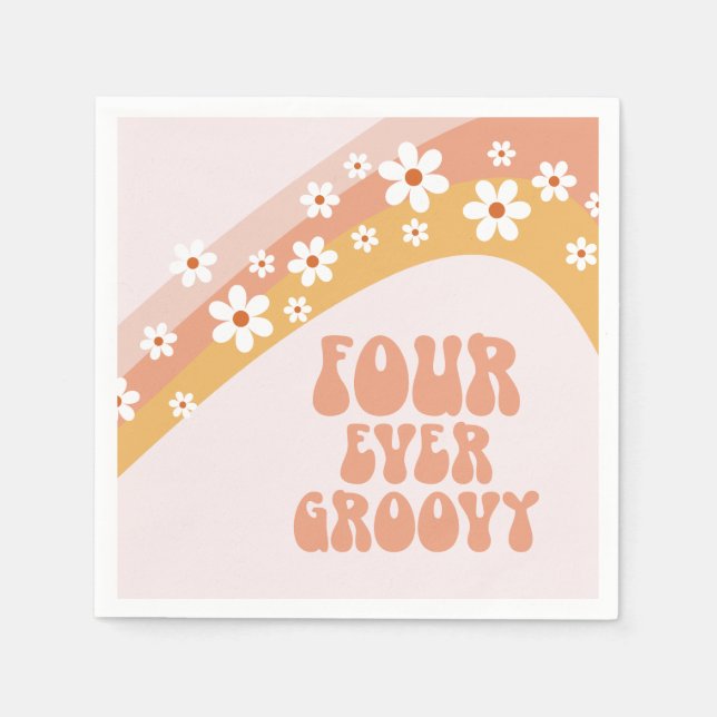 Fyra Alltid Groovy Retro Daisy Rainbow 4-årsdag  Pappersservett (Framsidan)