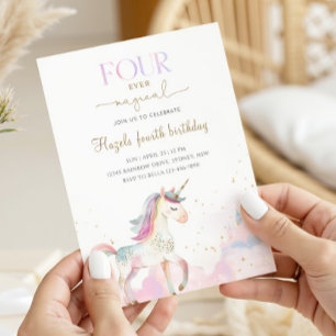 Fyra Alltid Magiska Pastellfärgad Enhörning 4-års  Inbjudningar