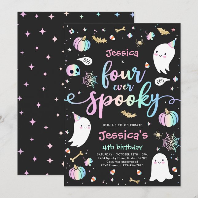 Fyra Alltid Skräckigt Söt Halloween Spöke 4-års Fö Inbjudningar (Fram/baksida)