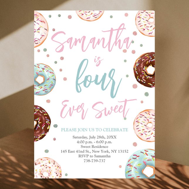 Fyra alltid söta Donuts Watercolor-Födelsedagsfest Inbjudningar (Skapare uppladdad)
