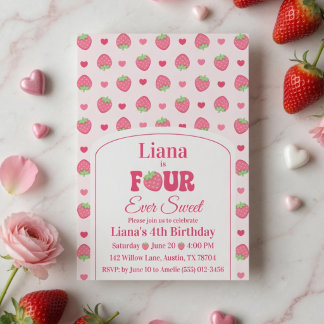 Fyra Alltid Söta Rosa Jordgubbs Tjej 4-årsdag Inbjudningar