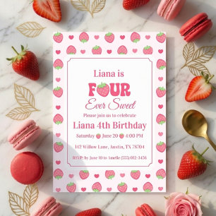 Fyra Alltid Söta Rosa Jordgubbsflicka 4-årsdag Inbjudningar
