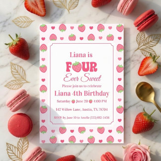 Fyra Alltid Söta Rosa Jordgubbsflicka 4-årsdag Inbjudningar