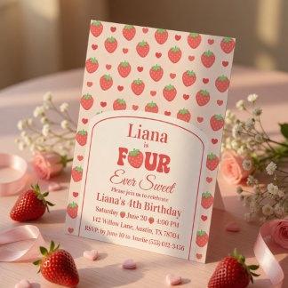 Fyra Alltid Söta Rosa Jordgubbsflicka 4-årsdag Inbjudningar