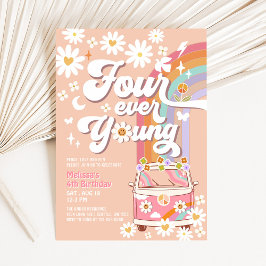 Fyra Alltid Unga Groovy Daisy Rainbow 4-årsdag Inbjudningar