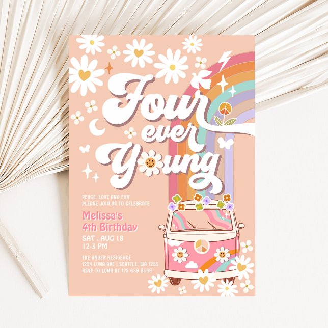 Fyra Alltid Unga Groovy Daisy Rainbow 4-årsfest Inbjudningar (Skapare uppladdad)