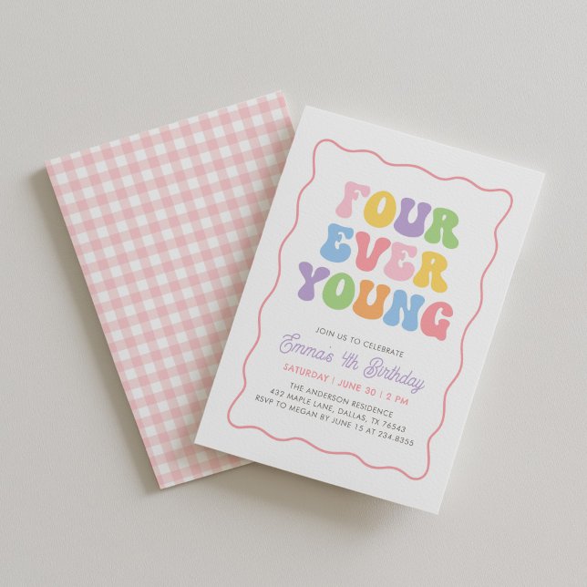Fyra Alltid Unga Rosa Gingham Flickor 4-årsdag Inbjudningar (Skapare uppladdad)