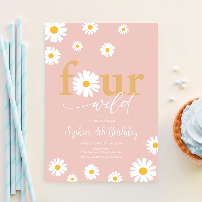 FYRA Alltid Vild Boho Rosa Tusenskönas 4-års Födel Inbjudningar (Skapare uppladdad)