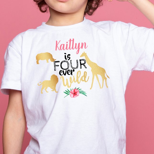 Fyra Alltid Vilda Djungelsafari Flickor 4-årsdag T Shirt (Skapare uppladdad)