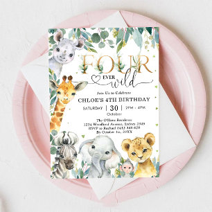 Fyra Alltid Vilda Födelsedagsdjur Pojke 4-årsdag Inbjudningar