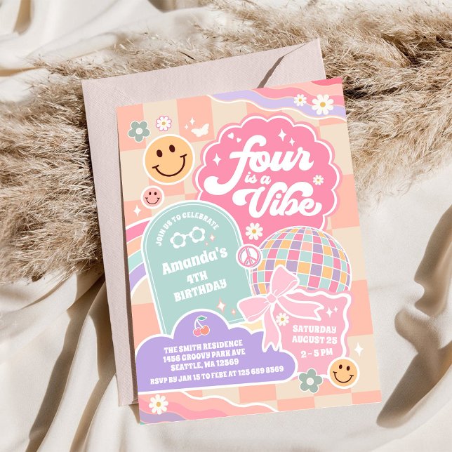 Fyra Är En Känsla Moln Regnbåge Disco 4-årsdag Inbjudningar (Skapare uppladdad)