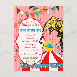 Fyra år gamla Circus Tält Elephant BirthdayParty Inbjudan Vykort