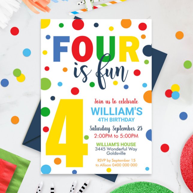 Fyra är Roligtens födelsedag 4e födelsedagen Inbjudningar (Four is Fun 4th Birthday Invitation)