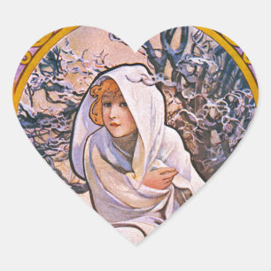 Fyra årstider av Alfons Mucha Art Deco Nouveau Hjärtformat Klistermärke
