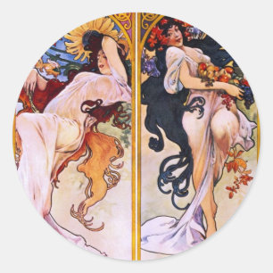 Fyra årstider av Alfons Mucha Art Deco Nouveau Runt Klistermärke