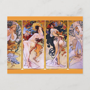 Fyra årstider av Alfons Mucha Art Deco Nouveau Vykort