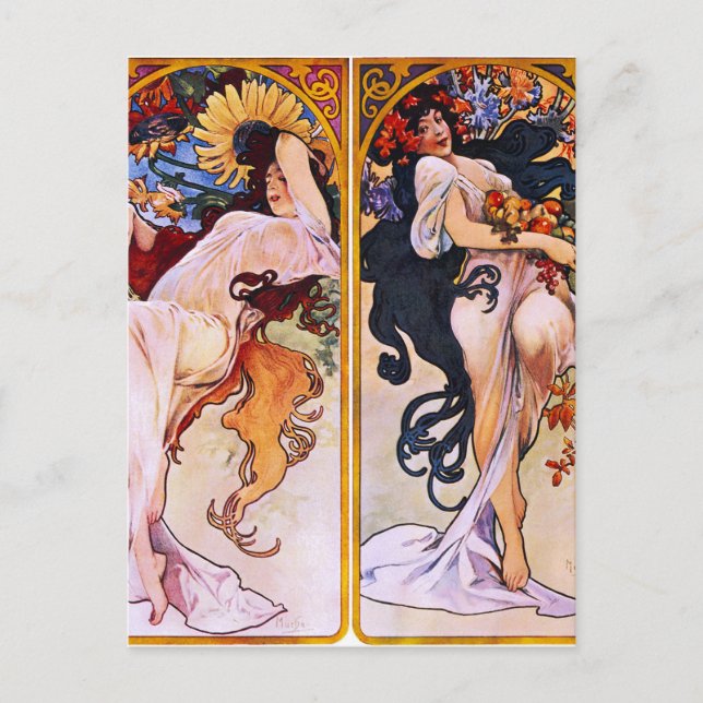 Fyra årstider av Alfons Mucha Art Deco Nouveau Vykort (Framsida)