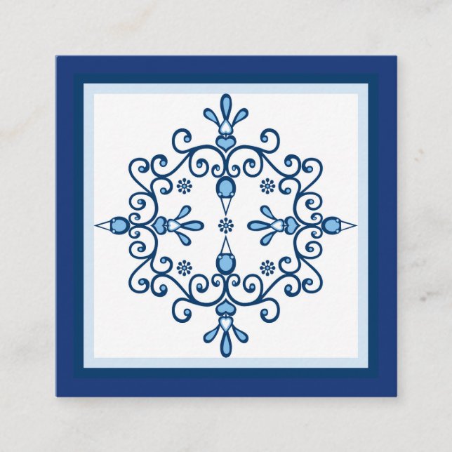 Fyra blå love birds-folkkonst och blå gräns fyrkantigt visitkort (Framsida)