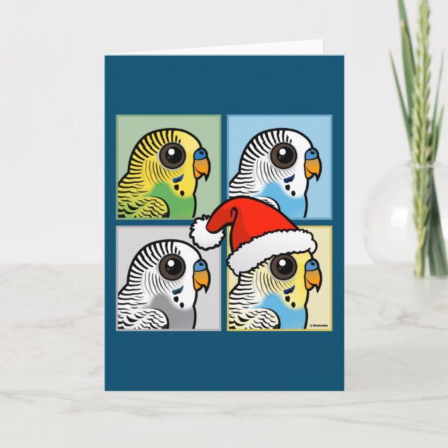 Fyra Budgies Färg Julafton Helgkort (Framsida)
