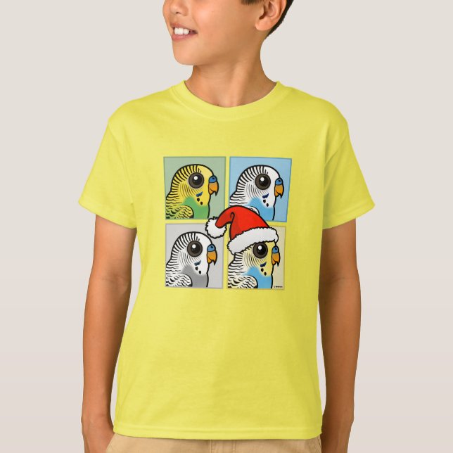Fyra Budgies Färg Julafton Tee (Framsida)