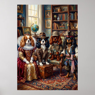 Fyra Cavalier Spaniels Kostymporträtt Poster