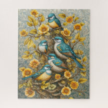 Fyra Cute Blue- och White Birds on Blossoming Träd
