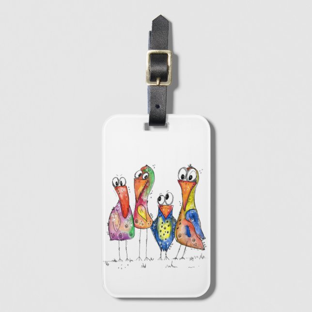 Fyra Cute Colorful Whimsiic Birds Bagagebricka (Framsida vertikal)
