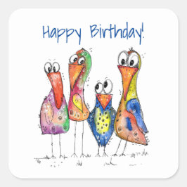 Fyra Cute Colorful Whimsiic Birds Fyrkantigt Klistermärke