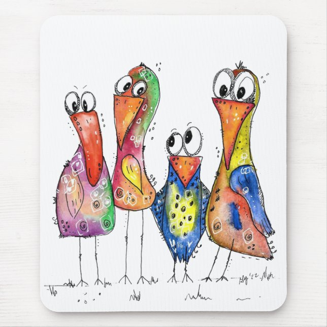 Fyra Cute Colorful Whimsiic Birds Musmatta (Framsidan)