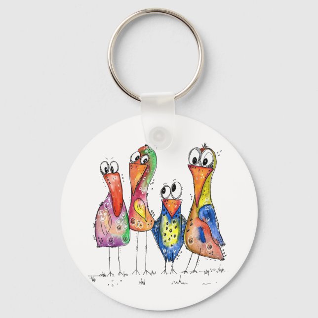 Fyra Cute Colorful Whimsiic Birds Nyckelring (Framsida)