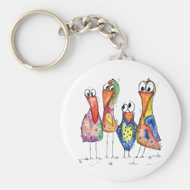 Fyra Cute Colorful Whimsiic Birds Nyckelring (Framsidan)