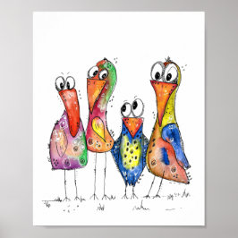 Fyra Cute Colorful Whimsiic Birds Poster