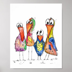 Fyra Cute Colorful Whimsiic Birds Poster