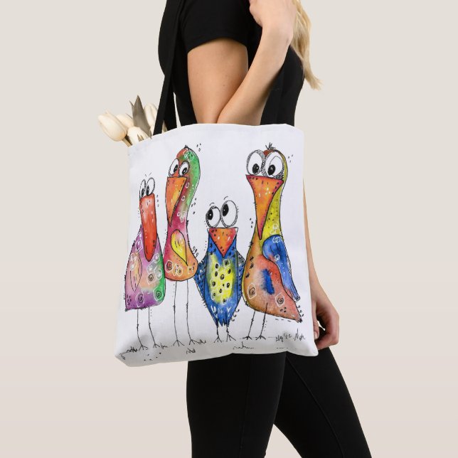 Fyra Cute Colorful Whimsiic Birds Tygkasse (Närbild)